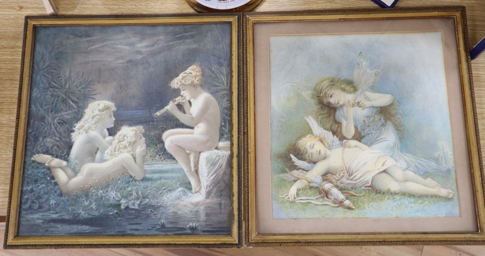 English School c.1900, two watercolours, Child fairies as Venus and Cupid and Children playing pan pipes, 27 x 25cm and 31 x 29cm